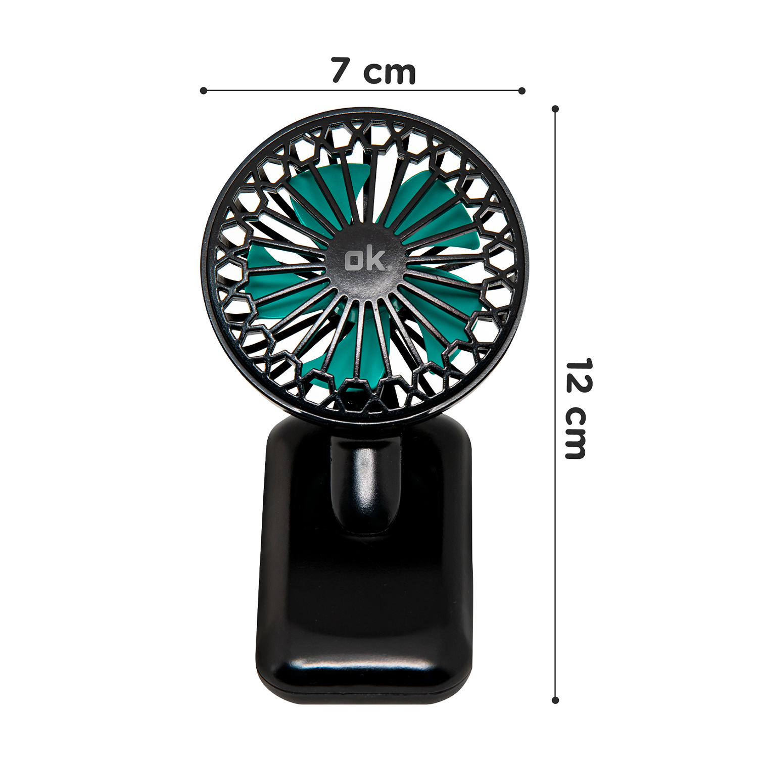 Ventilatore portatile nero e verde acqua con clip. Le dimensioni sono indicate: 7 cm di larghezza, 12 cm di altezza.