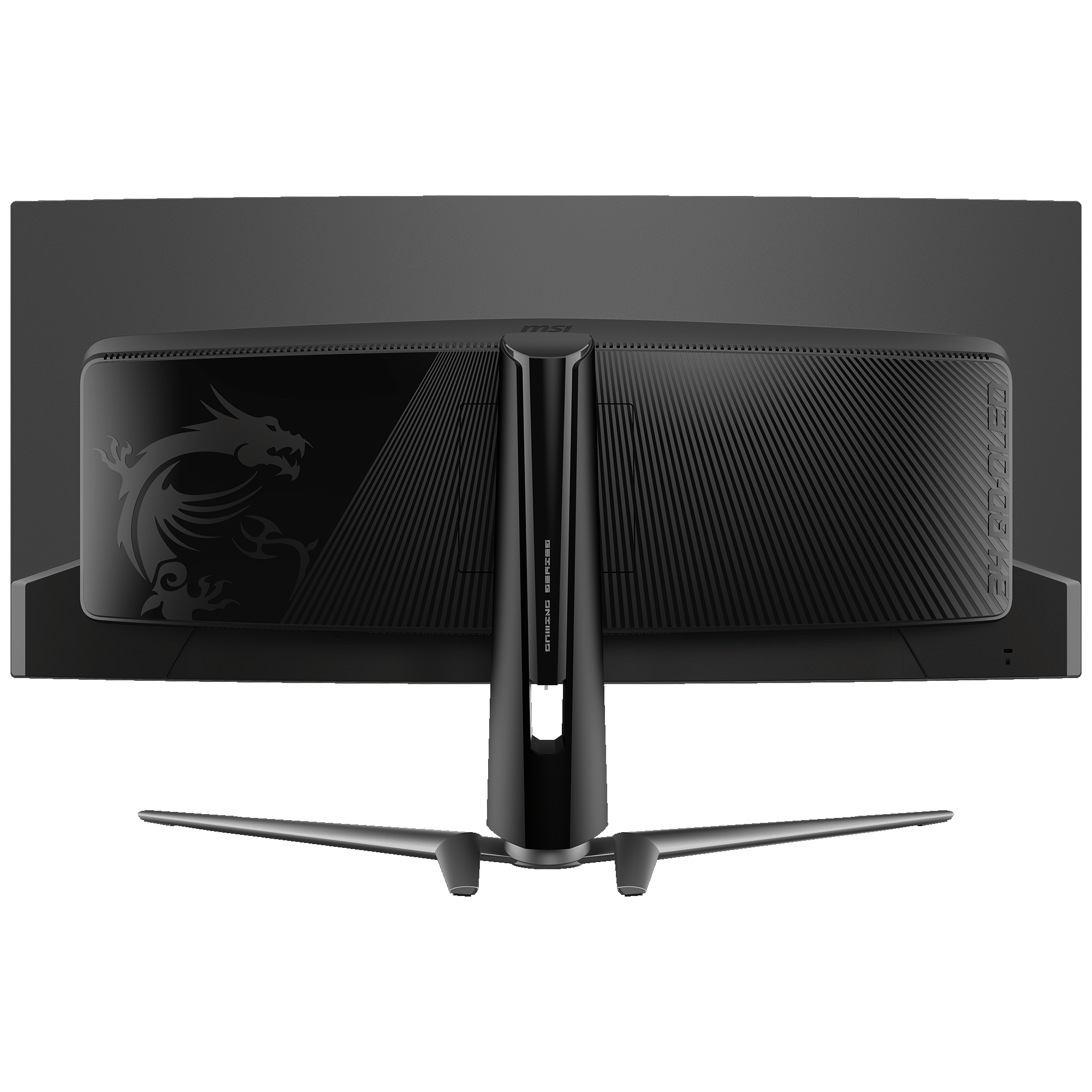 Schwarzer, gewölbter Monitor, Rückansicht, Drachenlogo und Ständer.