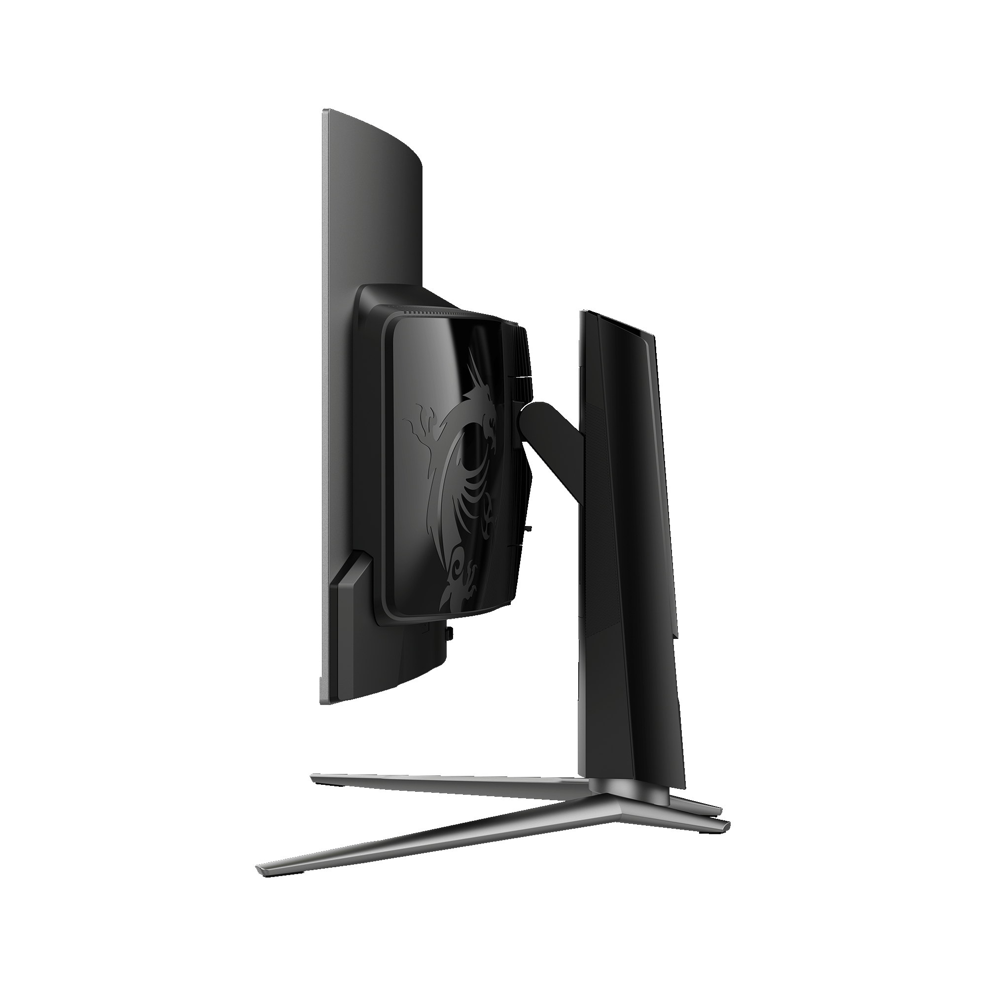 MSI-Monitor, Seitenansicht. Schwarze Farbe mit Drachenlogo und silbernem Ständer.