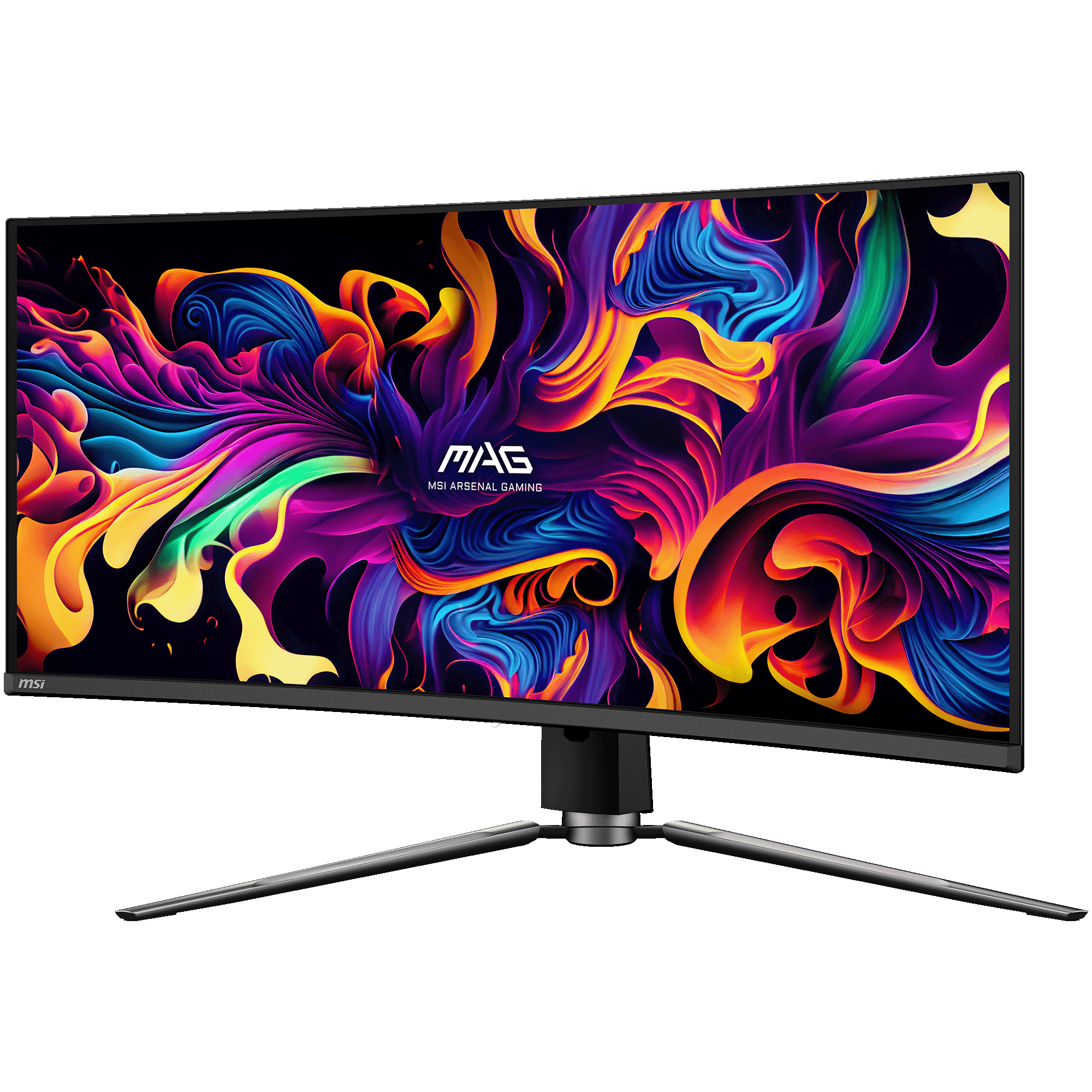 MSI MAG Gaming-Monitor, schwarzer Rahmen, farbenfroher abstrakter Hintergrund und silberner Ständer.