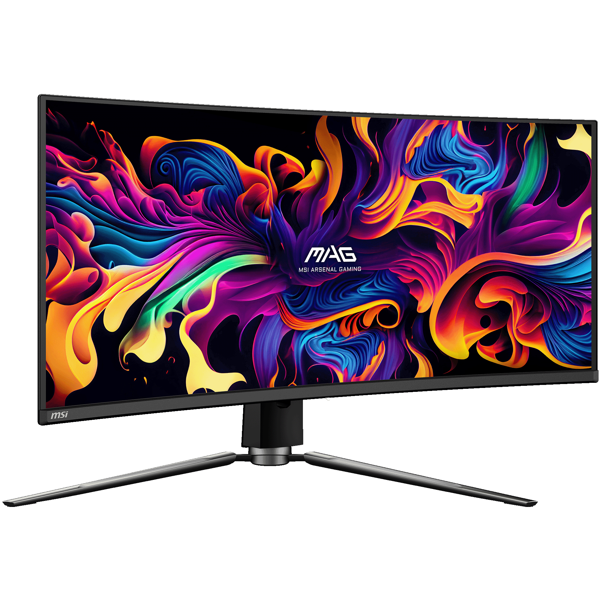 Bunter, gebogener Monitor mit dem MSI MAG Logo auf weißem Hintergrund.