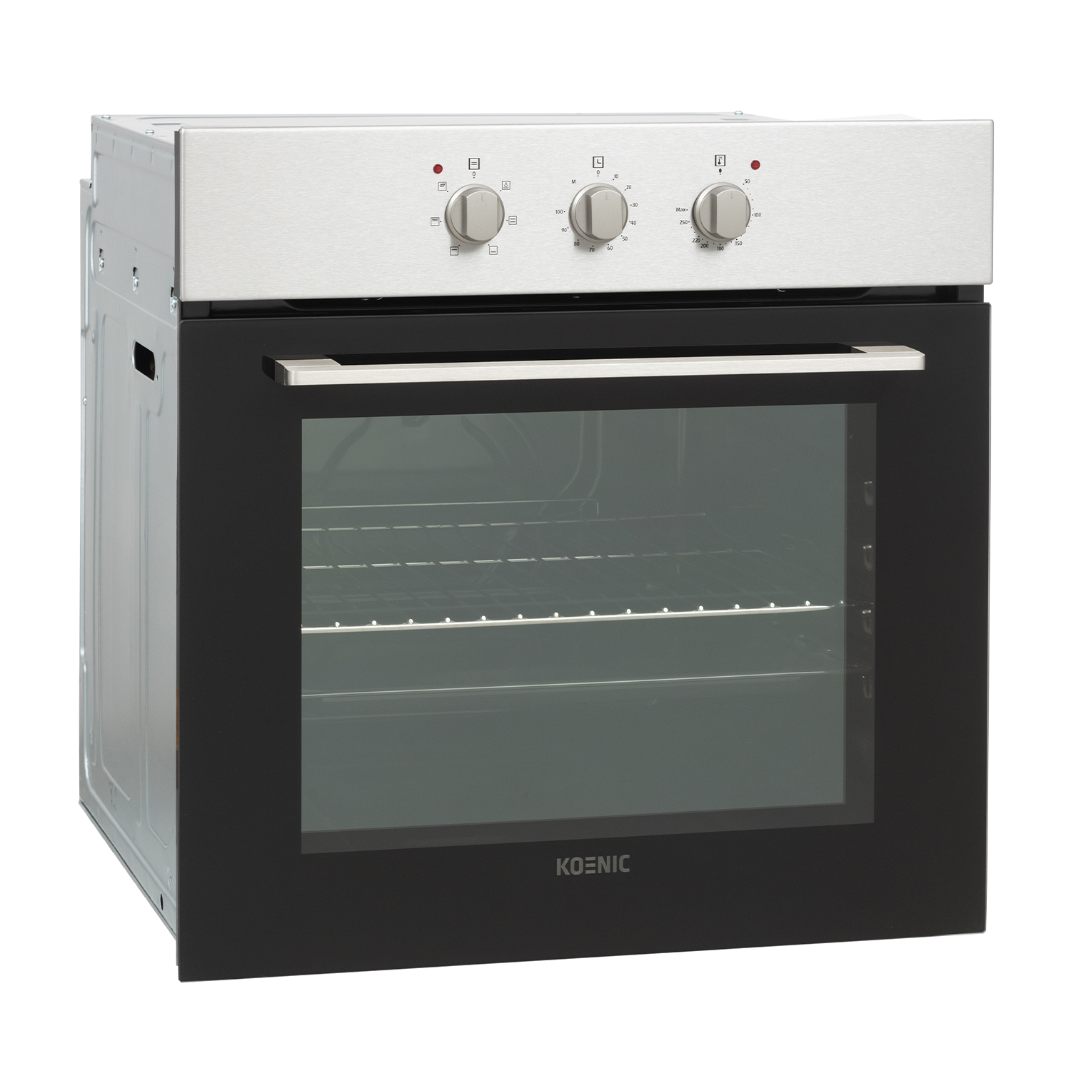 Forno KOENIC con piano in acciaio inossidabile e porta nera.