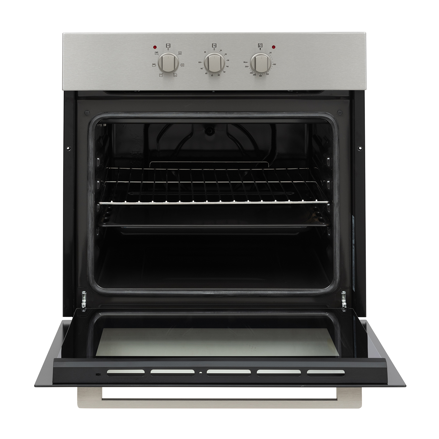 Un forno aperto con piano e comandi in acciaio inox. Interno con griglie.