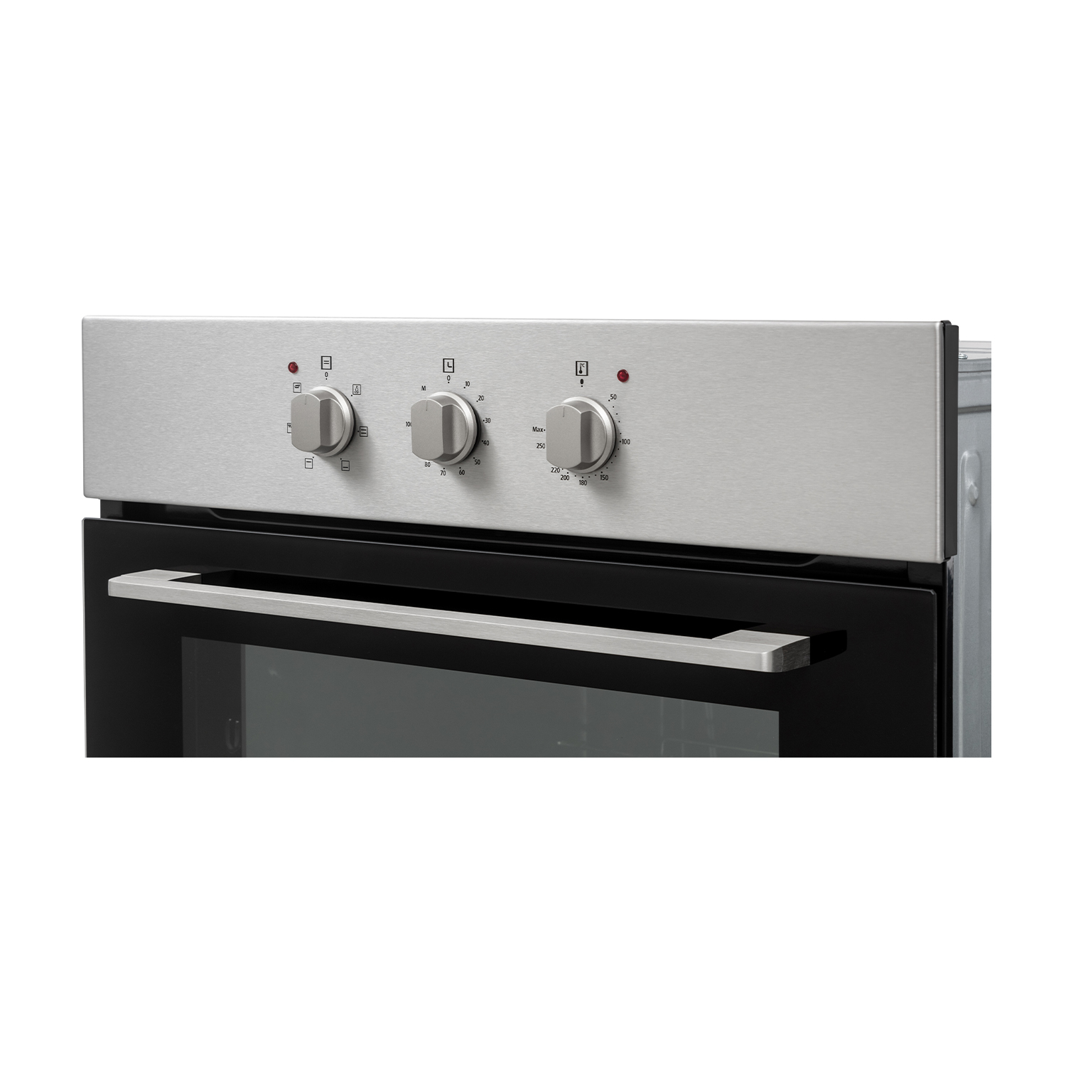 Pannello comandi forno con manopole, acciaio inox e porta in vetro nero.