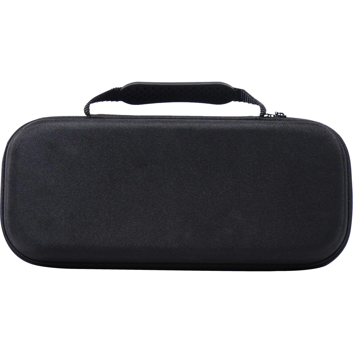 Black, rectangular case with a handle and zipper.