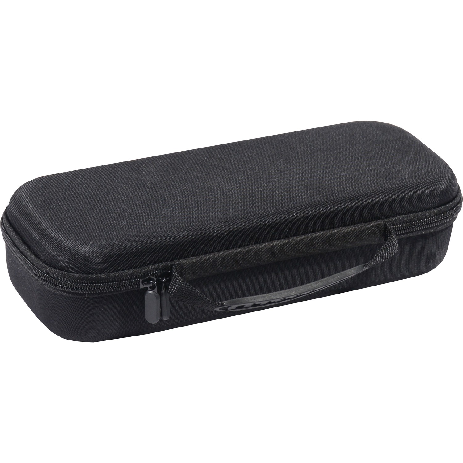 Black carrying case. Rectangular with handle and zipper.