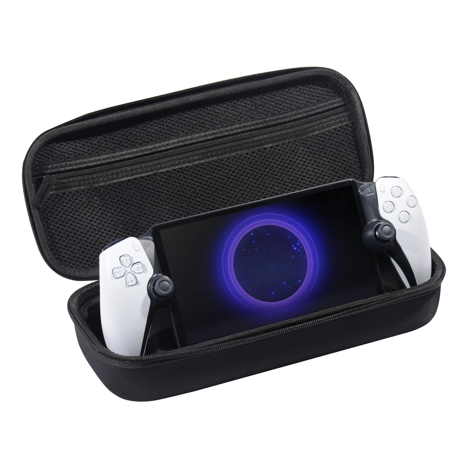 A black case with a gaming device inside. The device is on with a blue light circle.