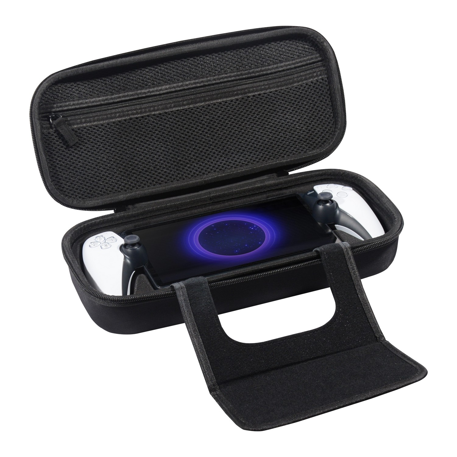 Black carrying case, open, with a handheld gaming device and controllers.