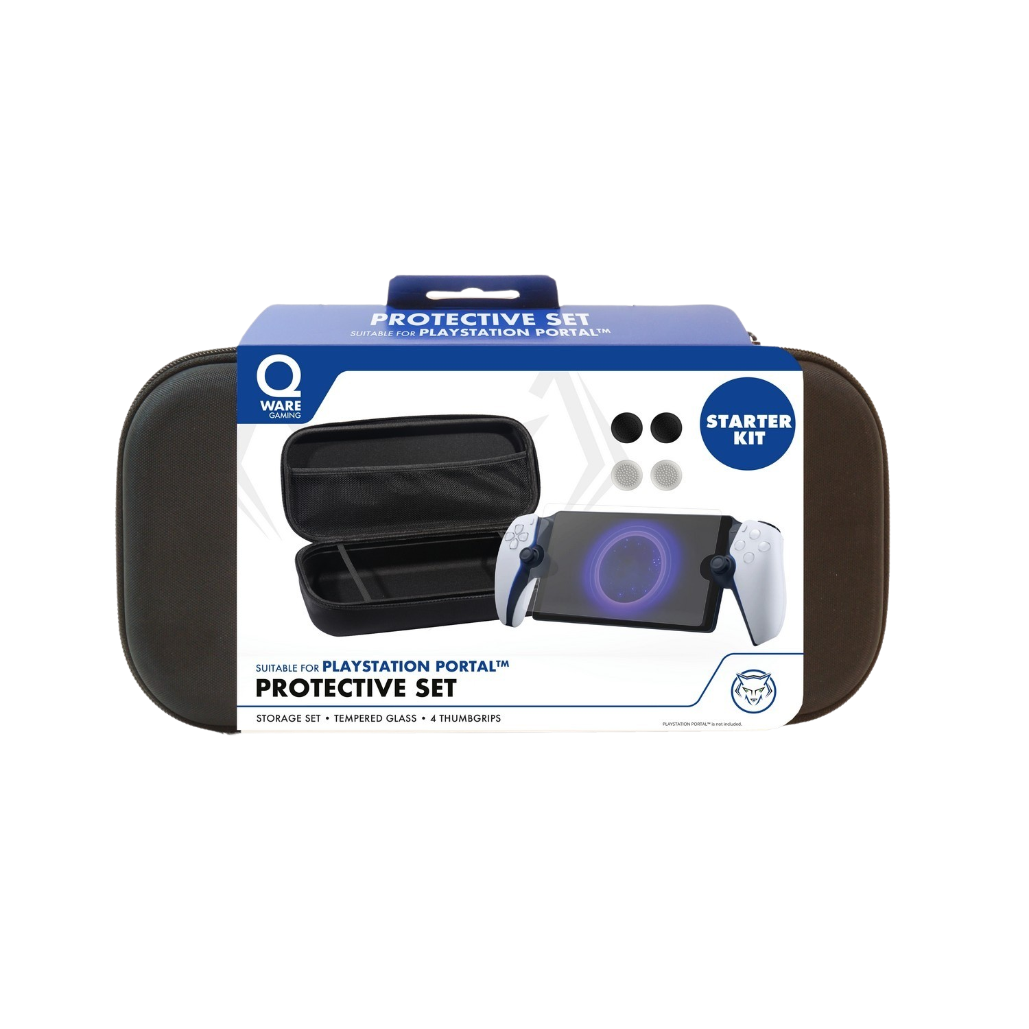 Protective set for PlayStation Portal, black case with accessories and a screen, white background.