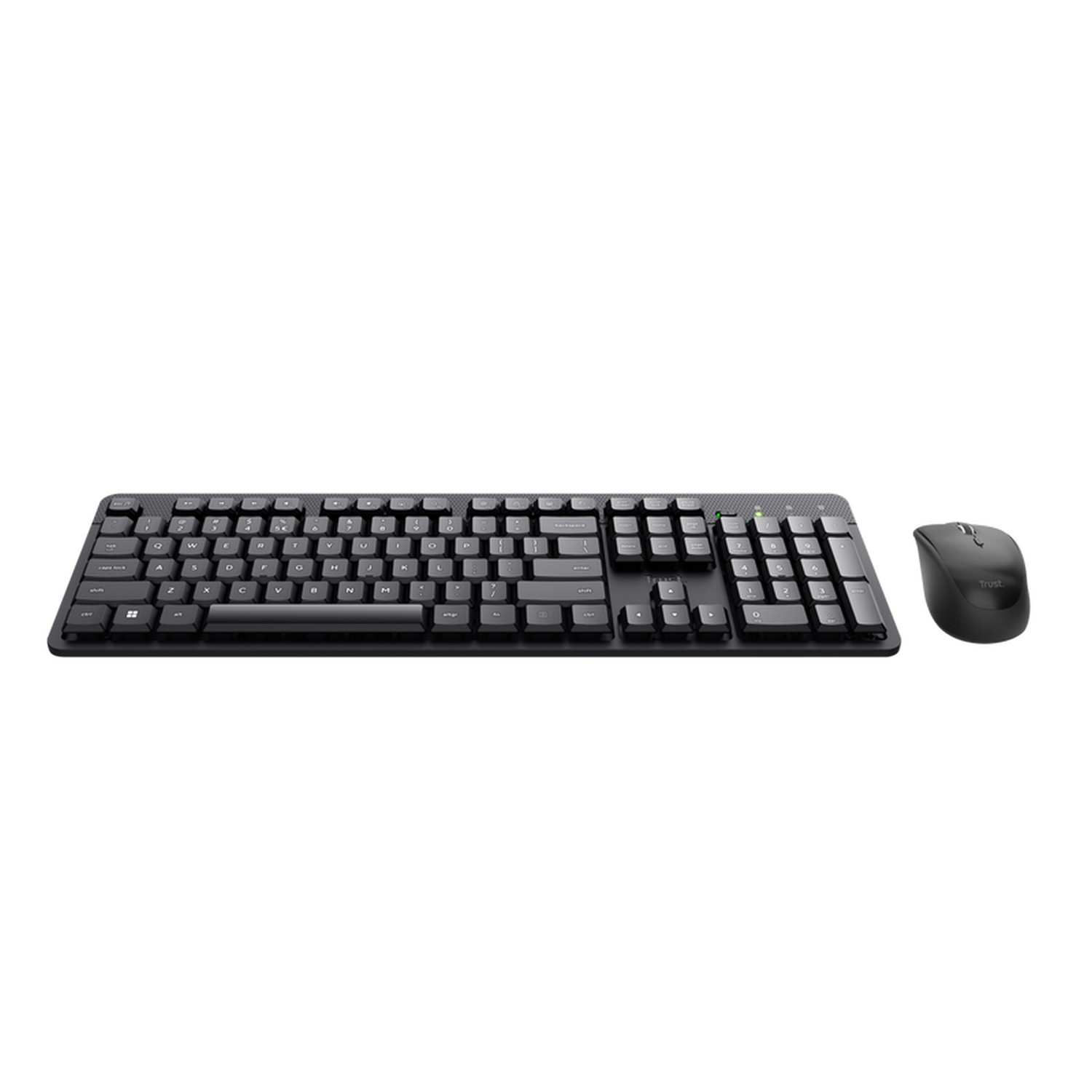A black keyboard with a numeric keypad and a matching mouse. The keys are white.