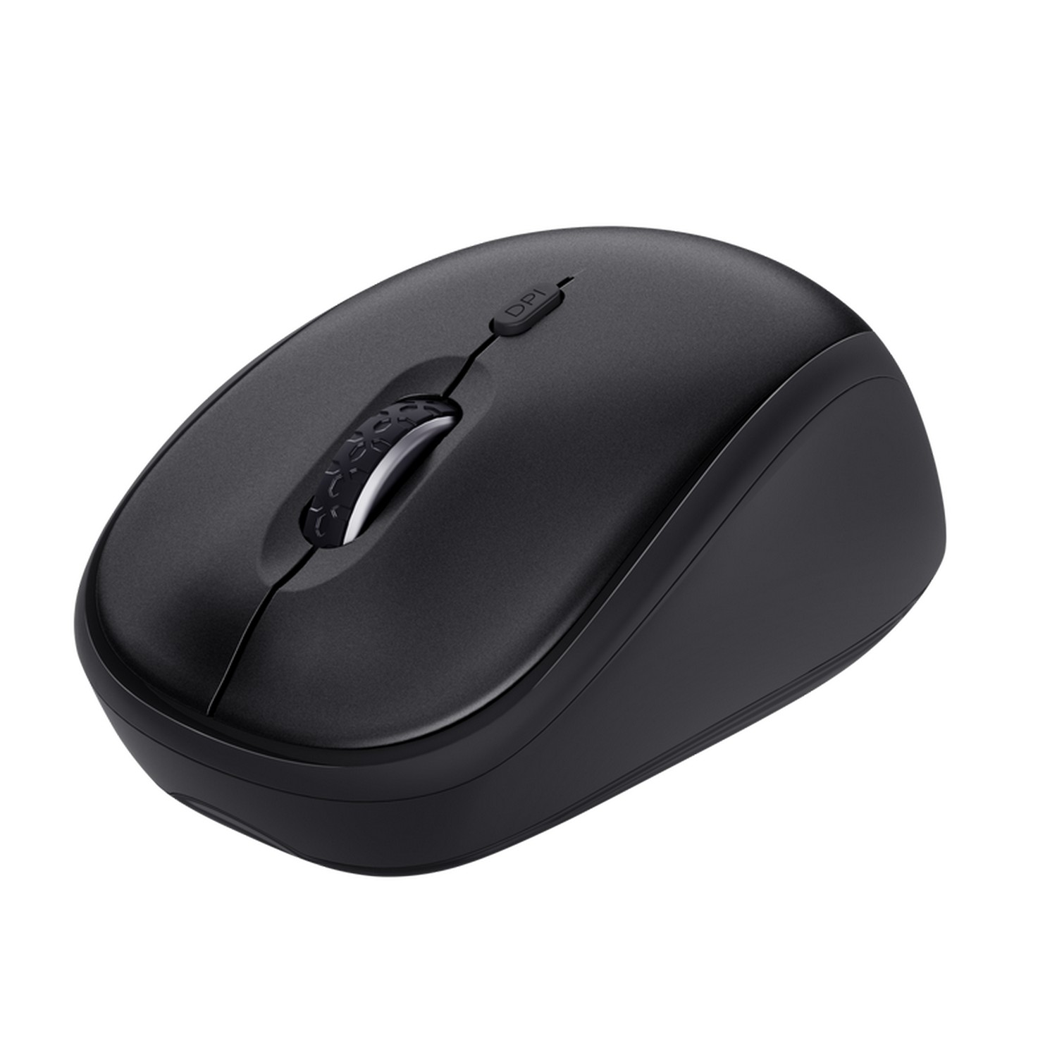 Black wireless mouse with a scroll wheel and DPI button.