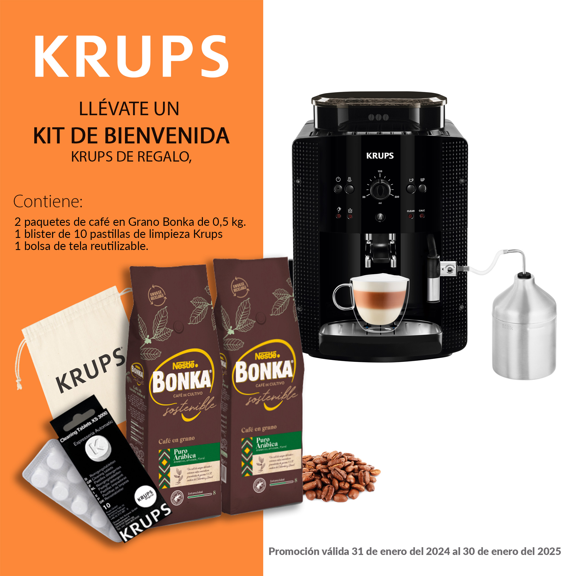 Cafetera Krups con café, bolsas y pastillas de limpieza. Texto en español.