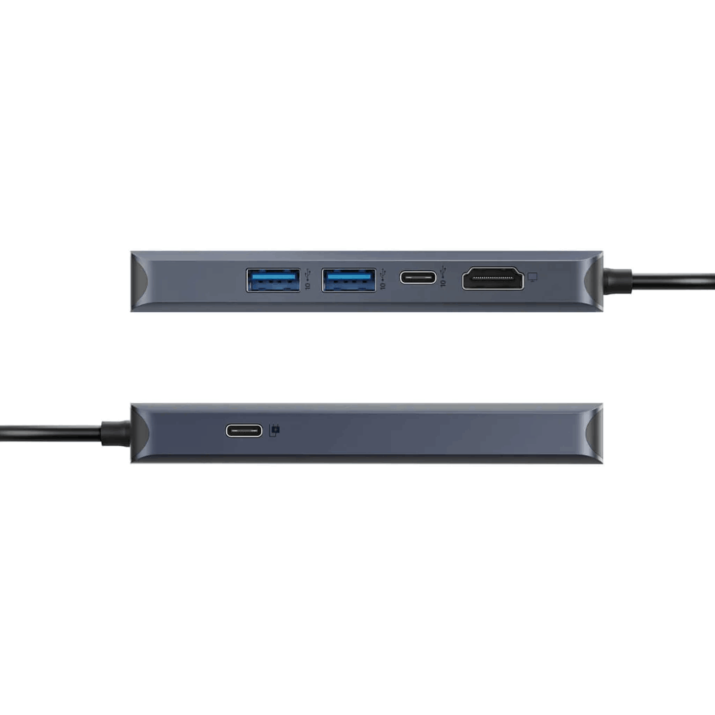 Concentrador USB-C gris con puertos USB y puerto HDMI. Cable negro se extiende desde el dispositivo.