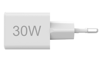 Biała ładowarka 30 W z wtyczką. Na ładowarce widnieje napis "30W".