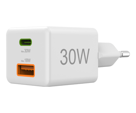 Biała ładowarka 30W z dwoma portami. Zielone i pomarańczowe akcenty. Białe tło.