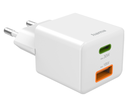 Biała ładowarka Hama z dwoma portami: zielonym (30W) i pomarańczowym (18W).