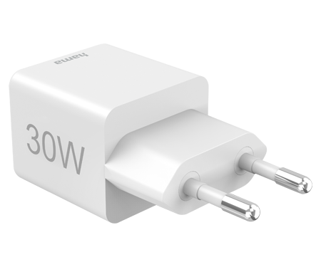 Biała ładowarka 30W. Marka to 'hama'.