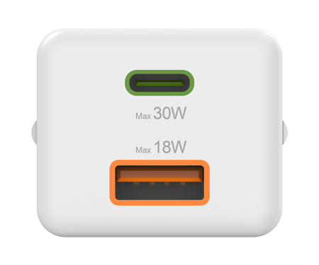 Biała ładowarka z dwoma portami, oznaczona max 30W i max 18W, na białym tle.