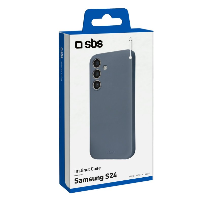 Blaue Handyhülle in einer Box, beschriftet mit 'Instinct Case' für Samsung S24.