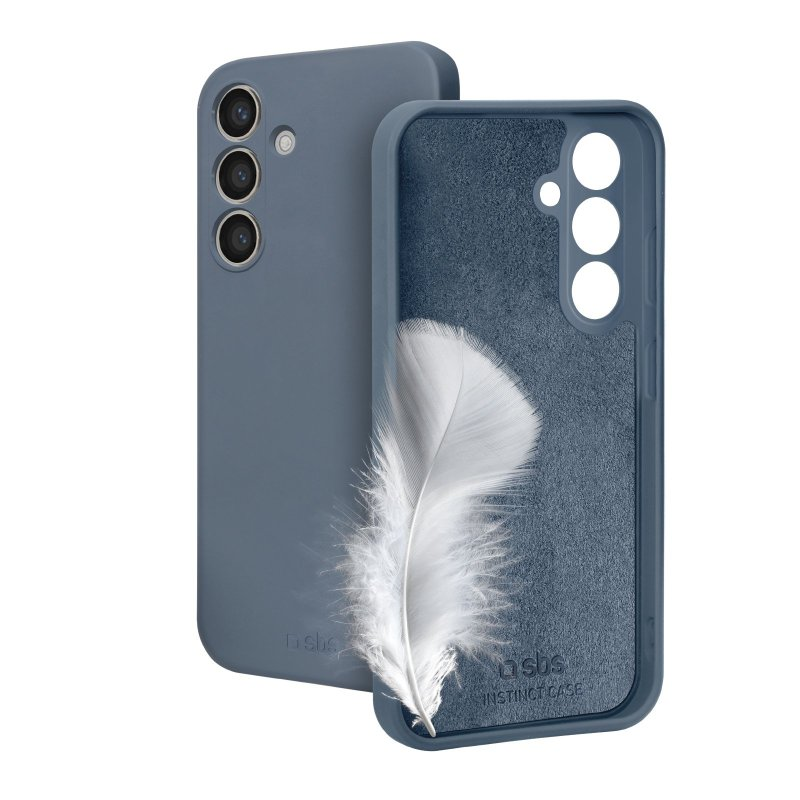 Eine blaue Handyhülle mit einer weißen Feder darin, neben einem blauen Telefon. Die Marke ist 'i sbs'.