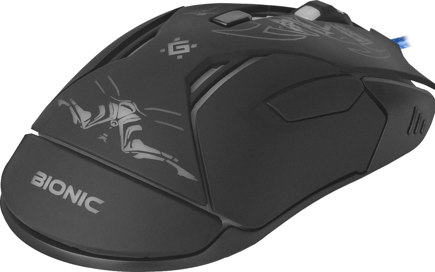 Czarna mysz do gier z teksturowanym designem i napisem BIONIC z boku.