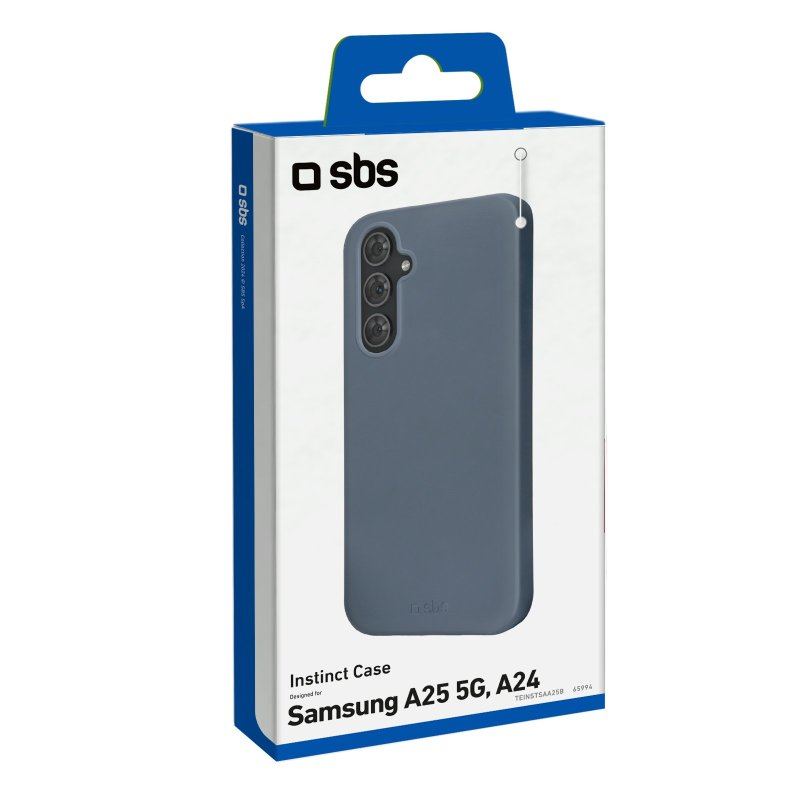 Blaue Handyhülle in der Box. Die Box hat das Logo "sbs". Die Hülle hat drei Kameralöcher.