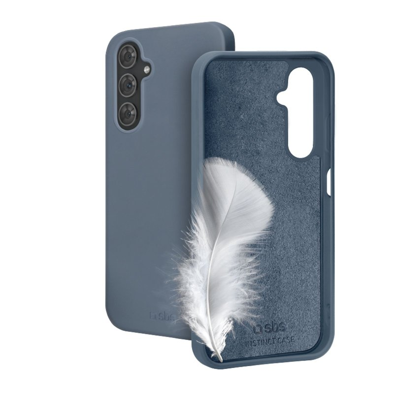 Telefonhülle mit Feder. Die Hülle ist blau, die Feder ist weiß.
