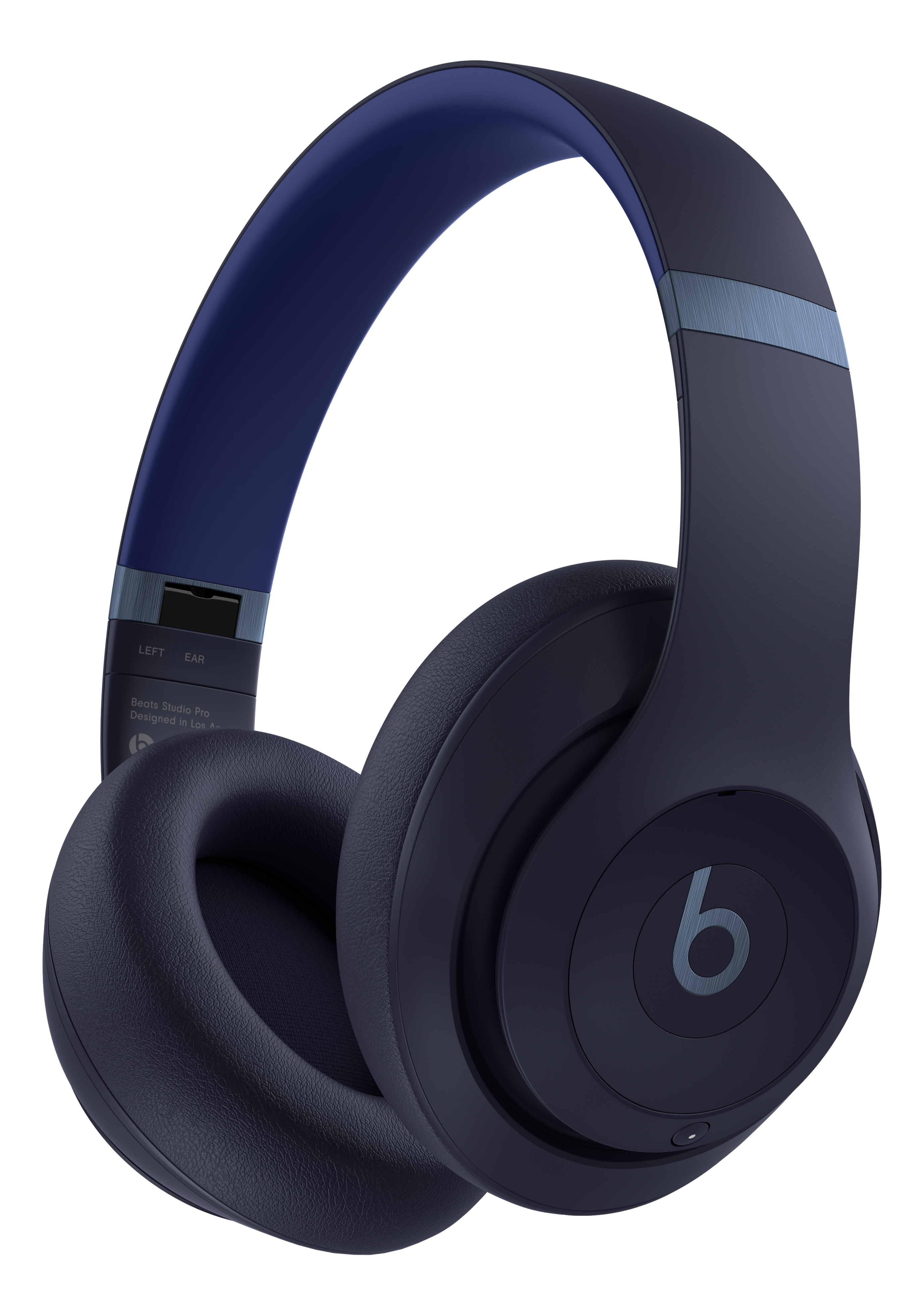 Blaue Beats Studio Pro Kopfhörer. Die Kopfhörer haben eine dunkelblaue Farbe mit dem Buchstaben 'b'.