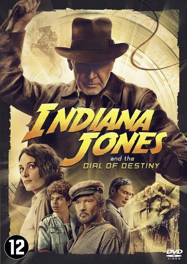 Movie poster for Indiana Jones. Harrison Ford holds a whip, surrounded by actors.