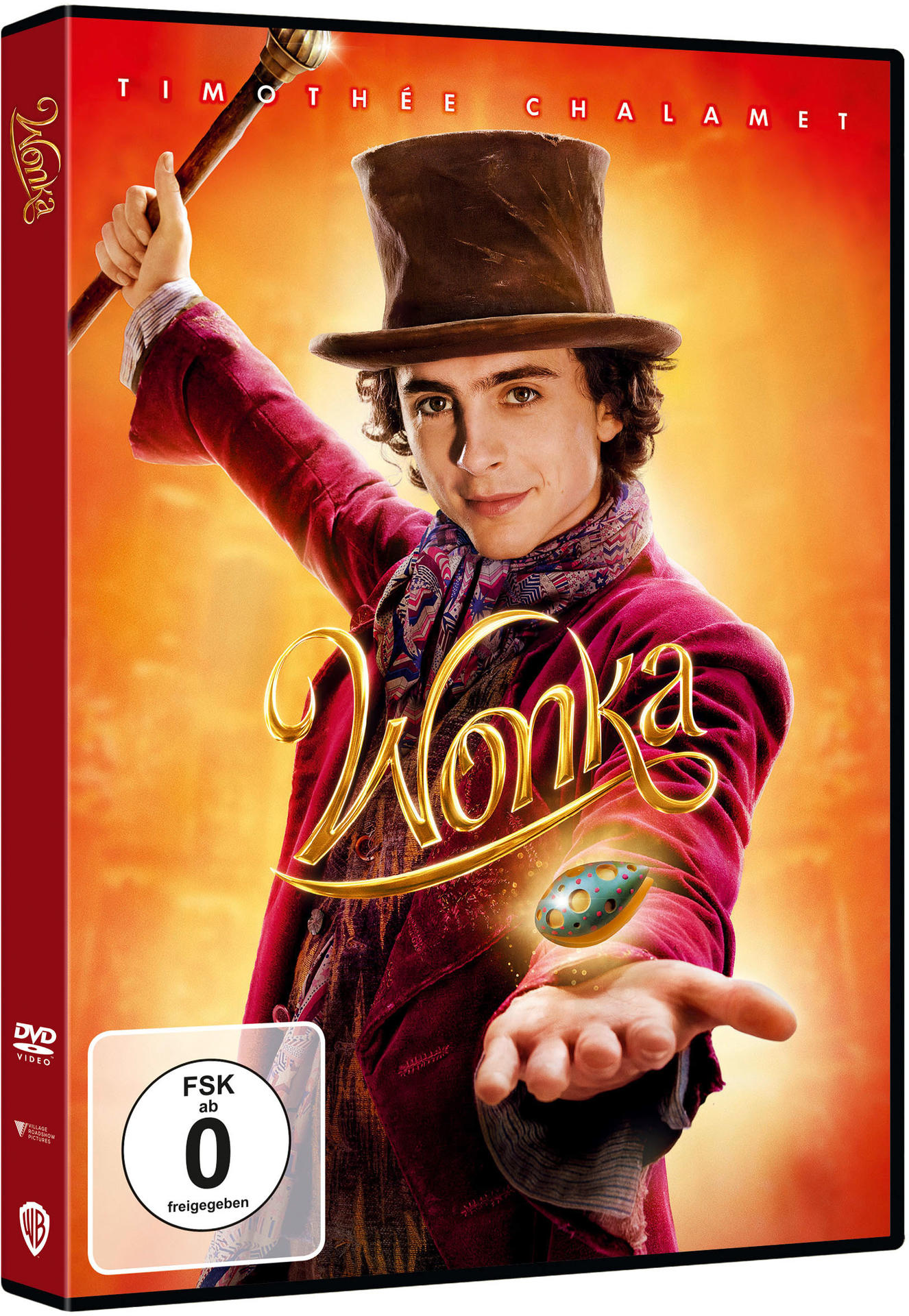 DVD-Cover des Films 'Wonka' mit Timothée Chalamet, der einen Stock und ein goldenes Ei hält.
