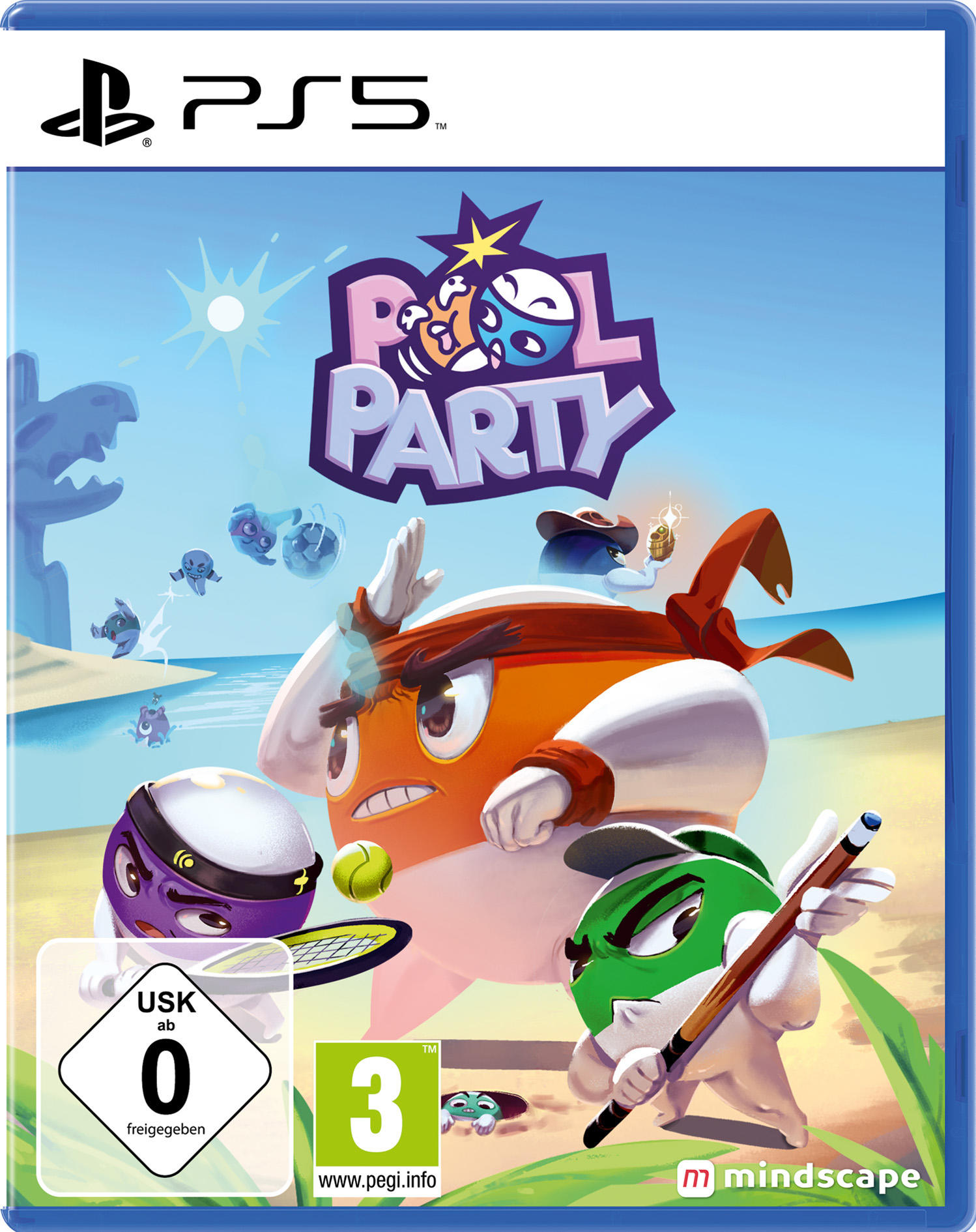 PS5-Spielbox-Art: 'Pool Party'. Cartoon-Charaktere spielen verschiedene Sportarten an einem sonnigen Strand.