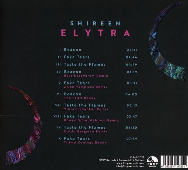 CD-Rückseite mit Trackliste des Albums 'Elytra' von Shireen. Foxy Records Logo.