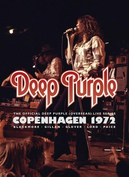 Deep Purple Live-Konzertposter. Band auf der Bühne, Gitarrist im Schatten. Fetter roter und weißer Text.