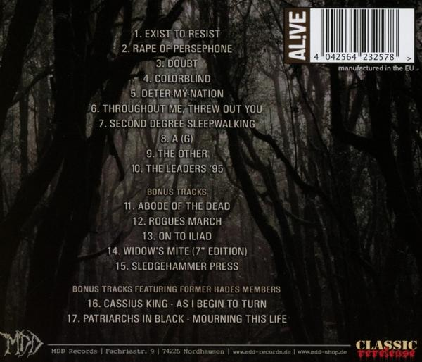 CD-Cover mit Songtiteln und Waldhintergrund, Titel 'ALIVE'.