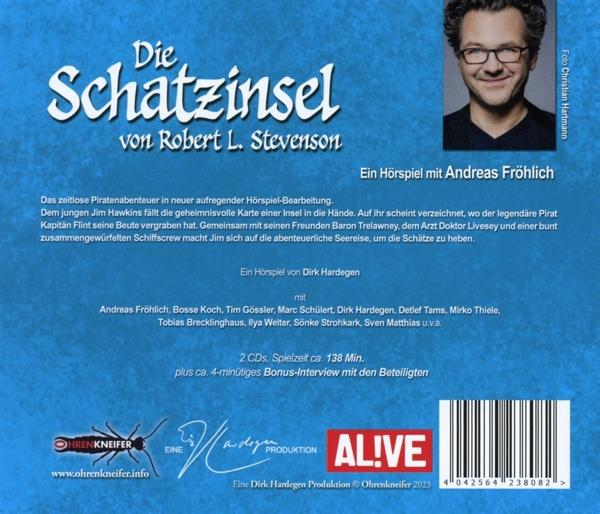 Cover eines deutschen Hörbuchs, "Die Schatzinsel" mit einem Porträt von Andreas Fröhlich. Text und Logos sichtbar.