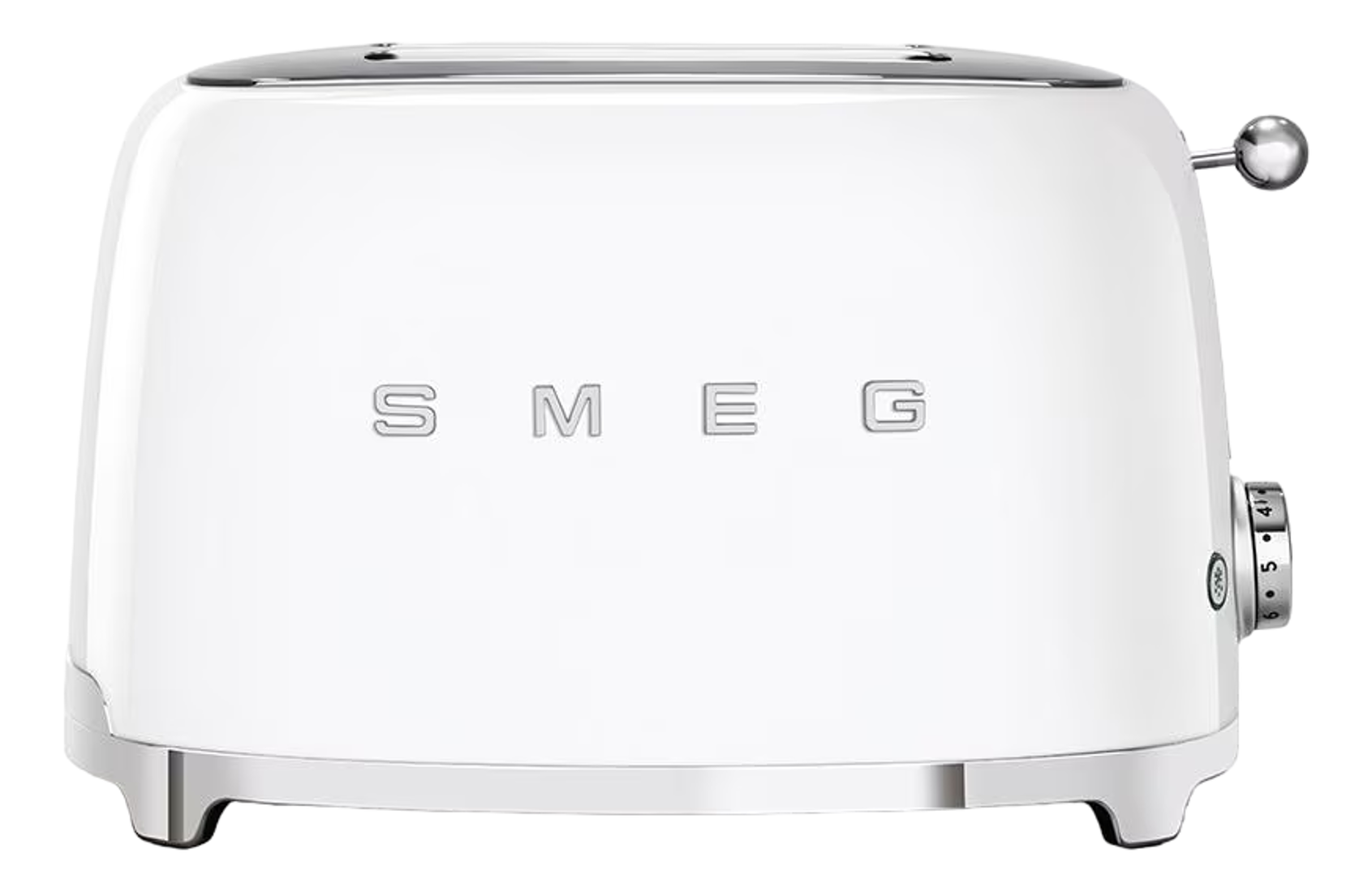 Grille-pain Smeg blanc avec des accents chromés, un cadran et le logo Smeg.