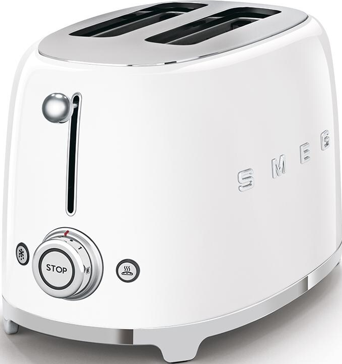 Un grille-pain Smeg blanc. Il a deux fentes, un levier et un cadran avec un bouton stop.