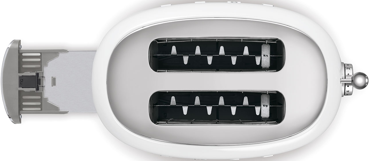 Grille-pain blanc avec deux fentes, vue de dessus. Levier et cadran argentés.