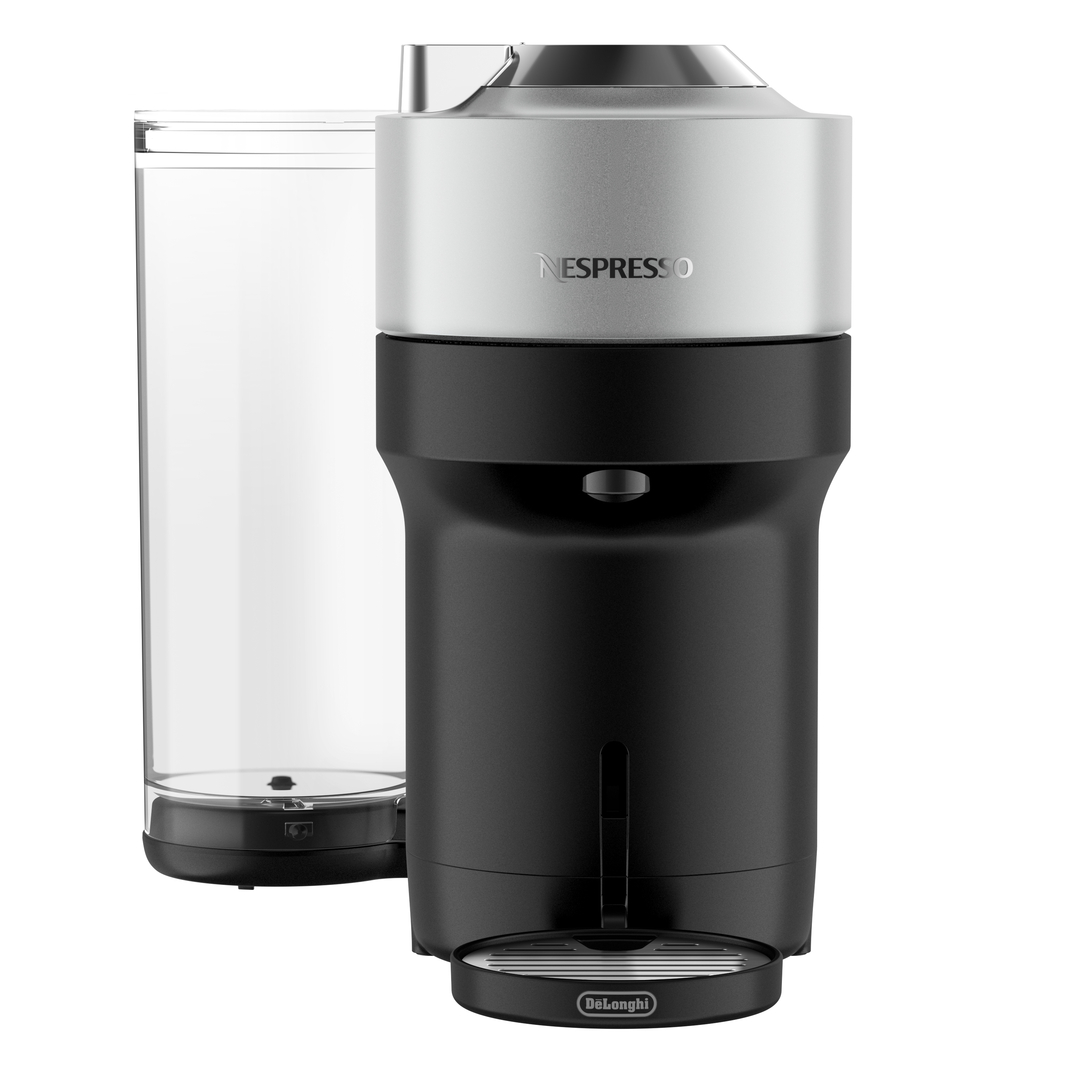 Schwarze und silberne Nespresso-Kaffeemaschine mit Wassertank und Delonghi-Sockel.