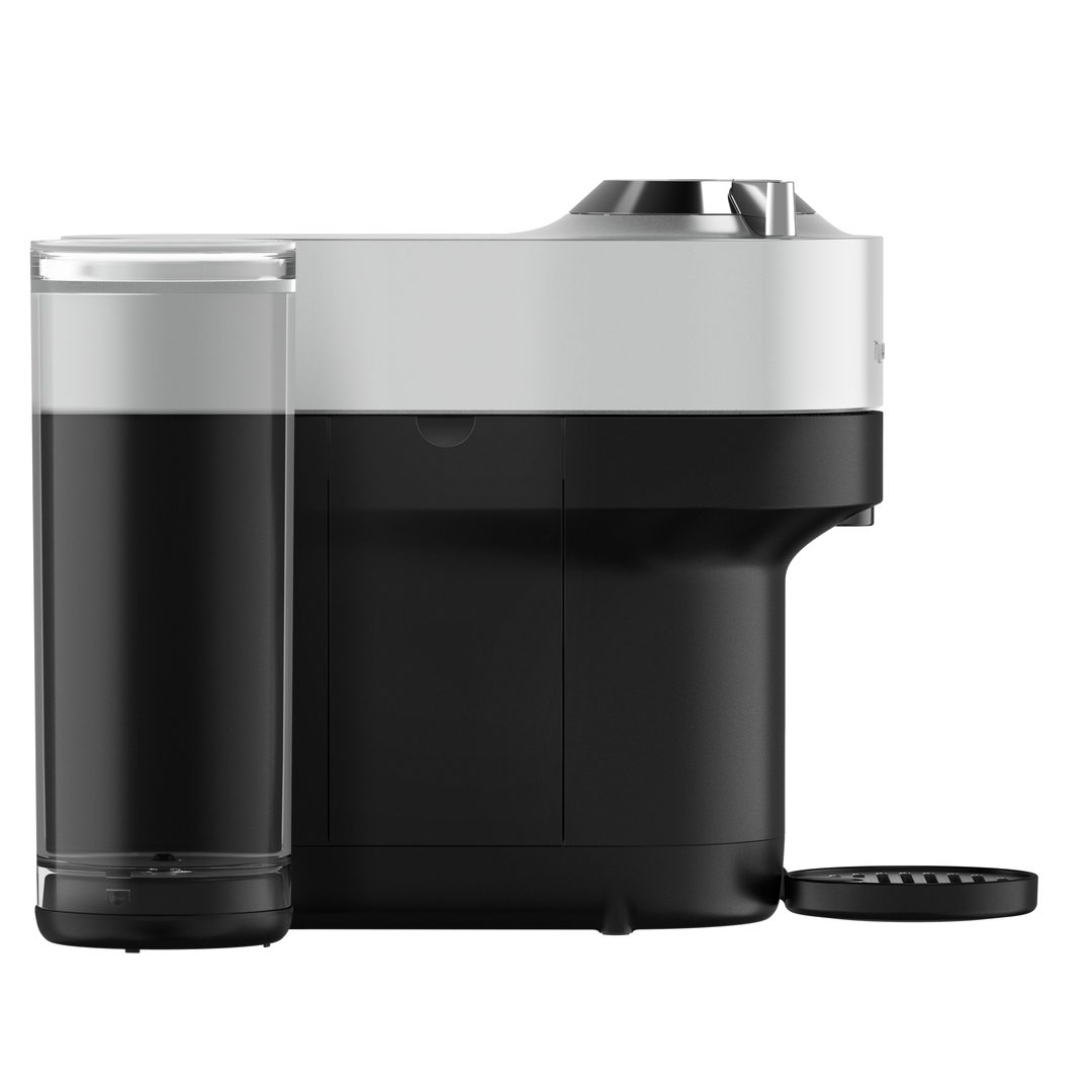 Schwarz-weiße Kaffeemaschine mit Wasserbehälter und Tassenhalter.