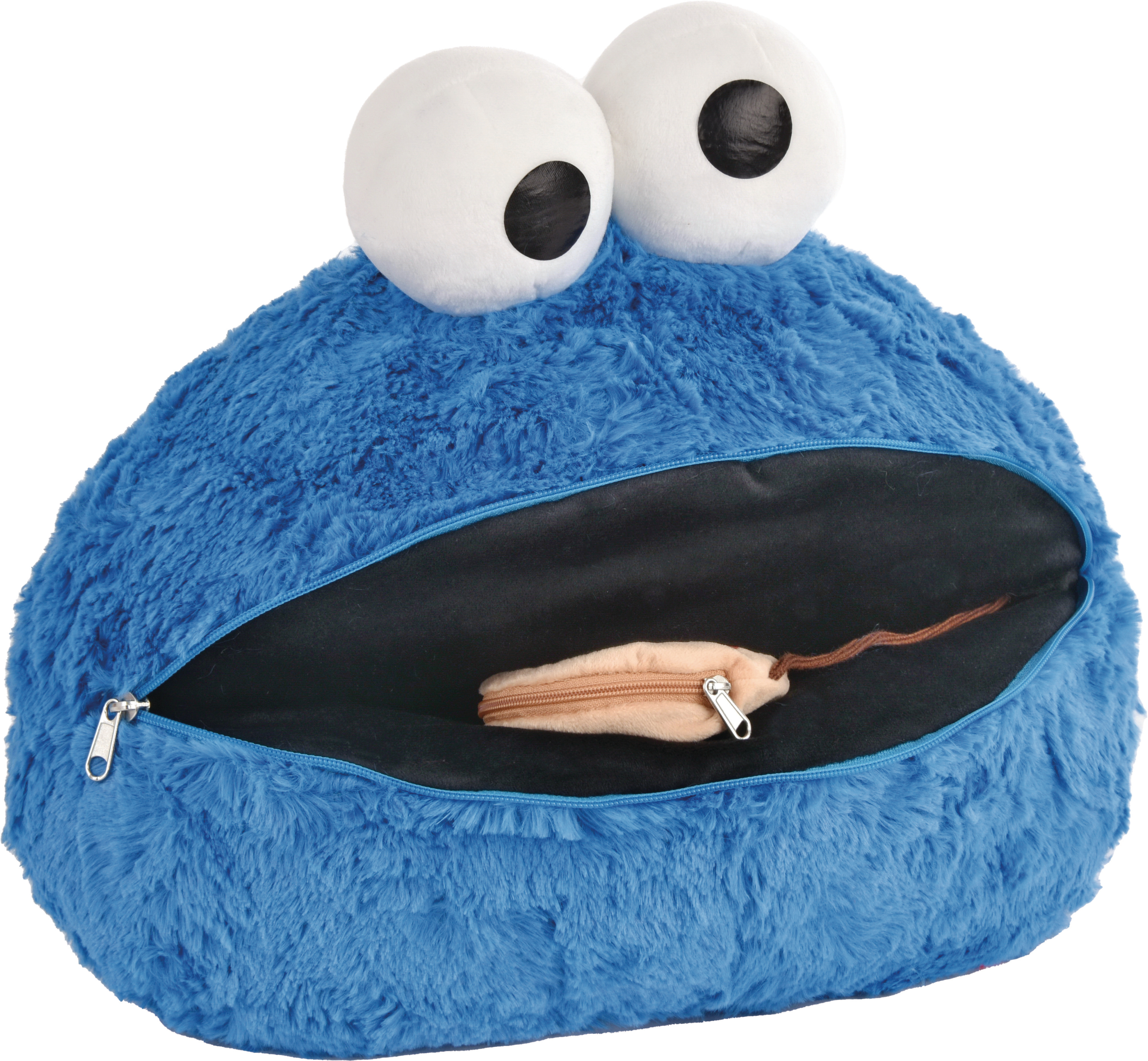 Ein blaues Krümelmonster-Plüschtier mit großem offenem Mund, der einen kleinen Beutel zeigt.