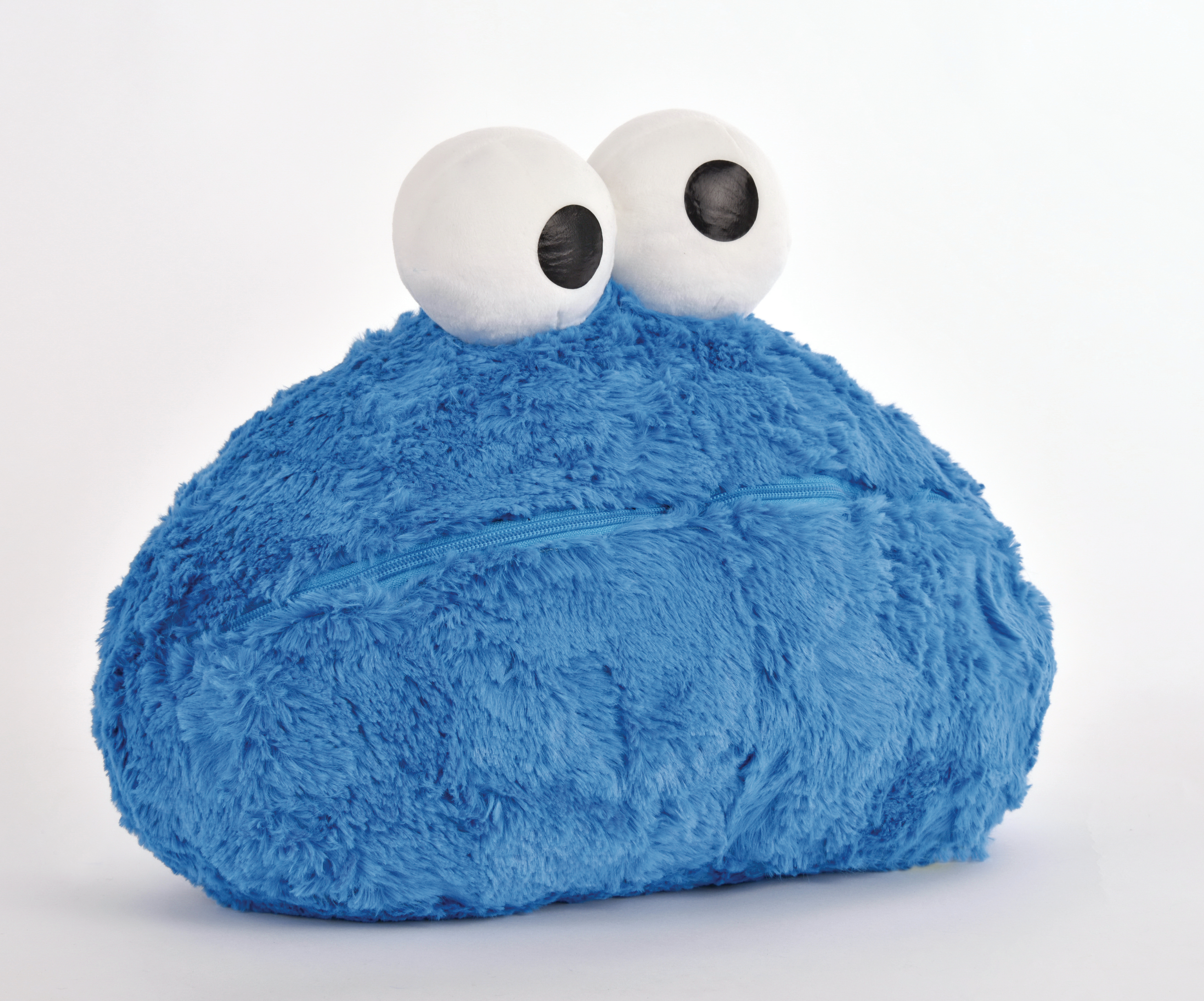 Eine blaue Plüsch-Krümelmonster-Geldbörse mit großen Augen und einem Reißverschluss.