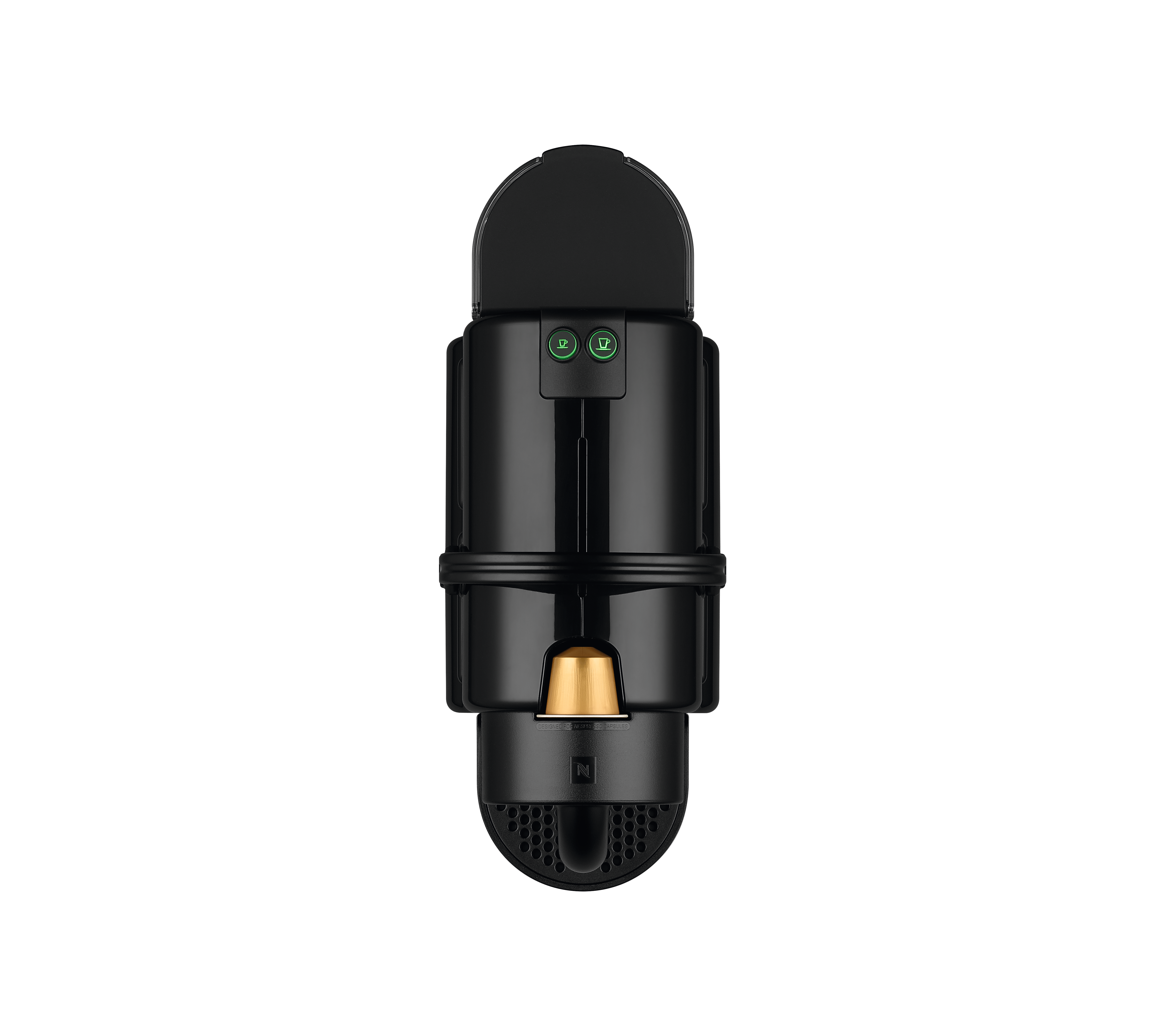 Machine à café Nespresso noire avec une capsule dorée insérée et deux boutons verts.