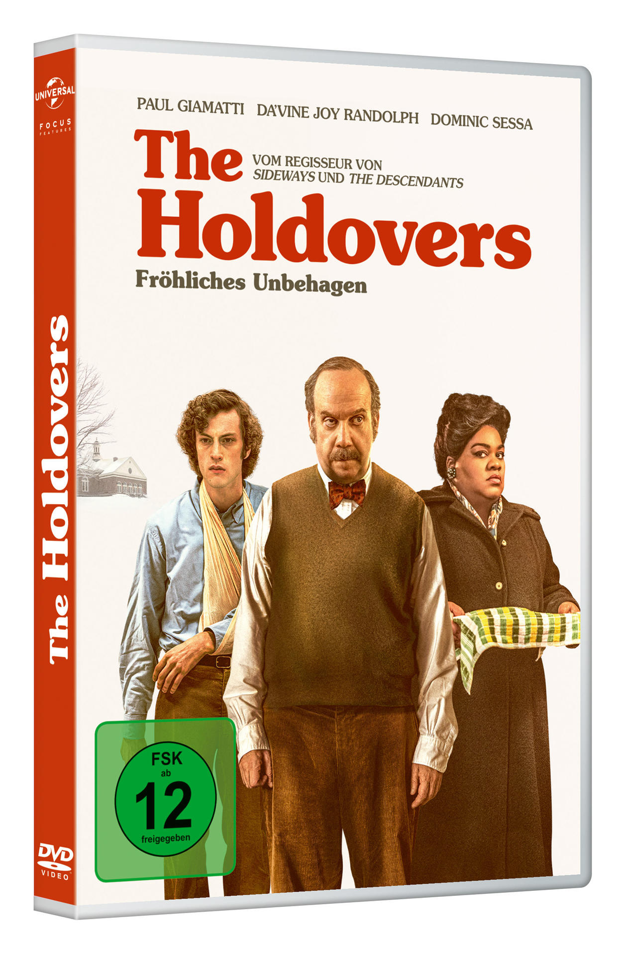 DVD-Cover eines Films mit drei Schauspielern. Titel: The Holdovers, mit grünem Bewertungssiegel.