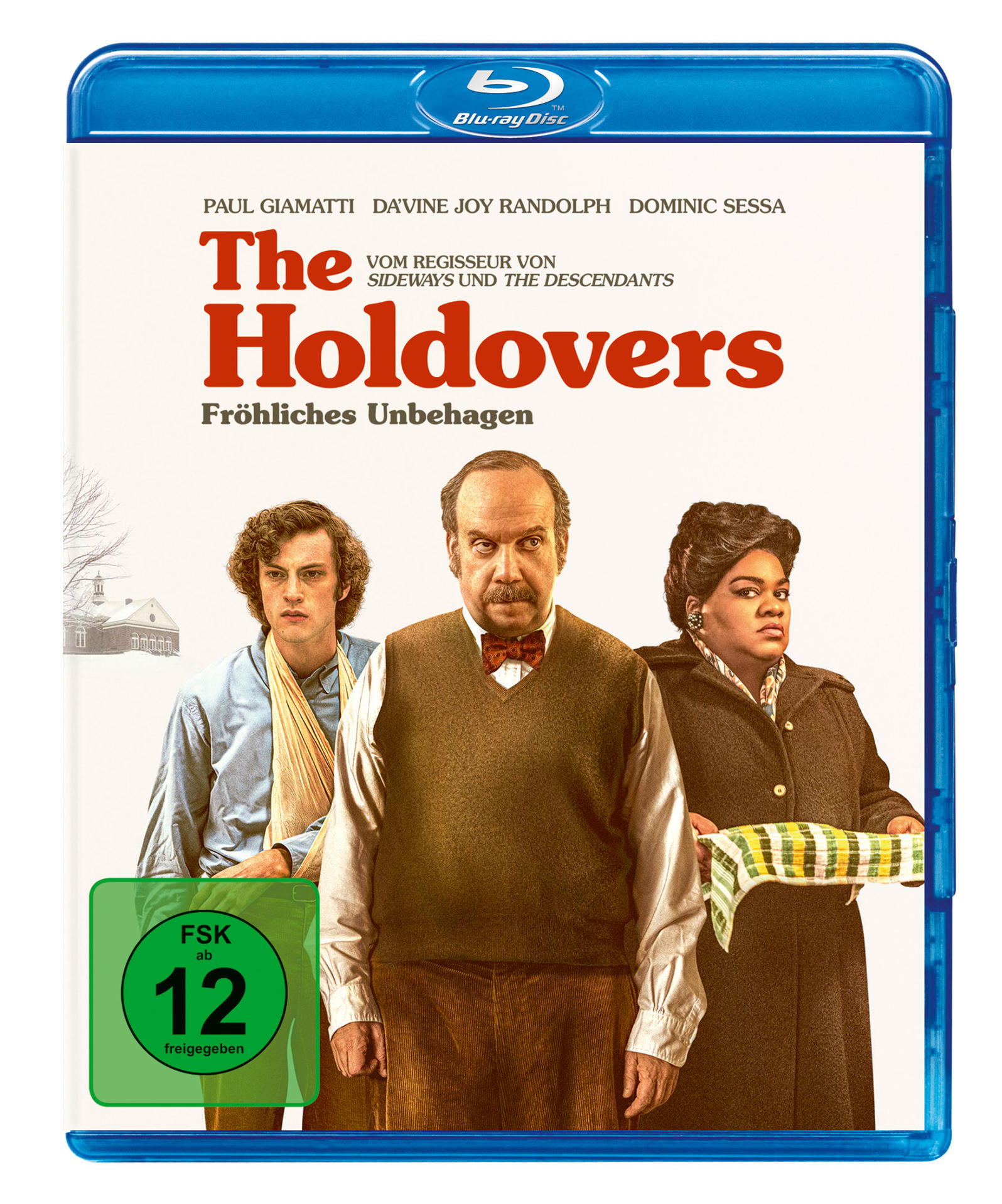 The Holdovers Blu-ray-Cover mit Paul Giamatti und zwei anderen Personen. Grüner FSK 12-Aufkleber links.