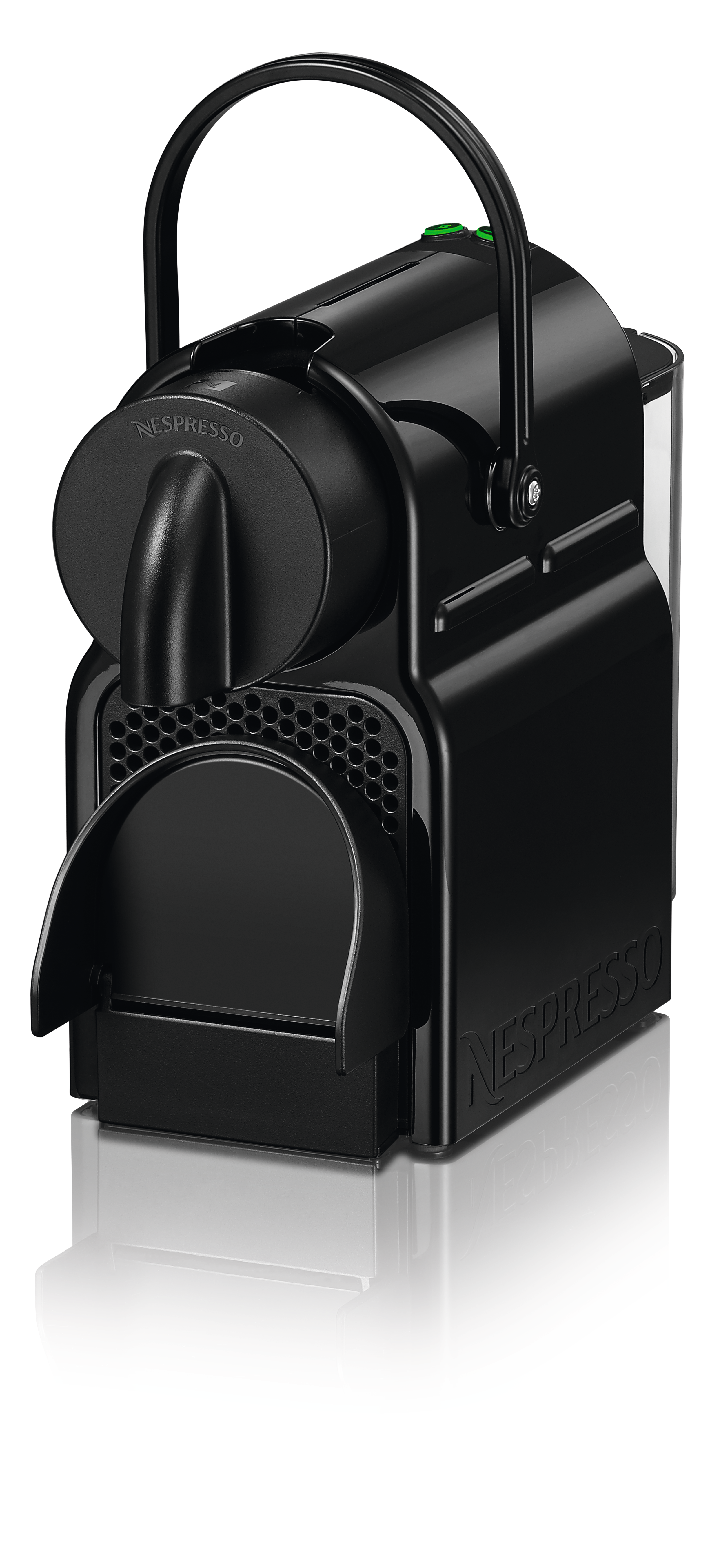 Machine à café Nespresso noire avec une poignée et un réservoir d'eau.