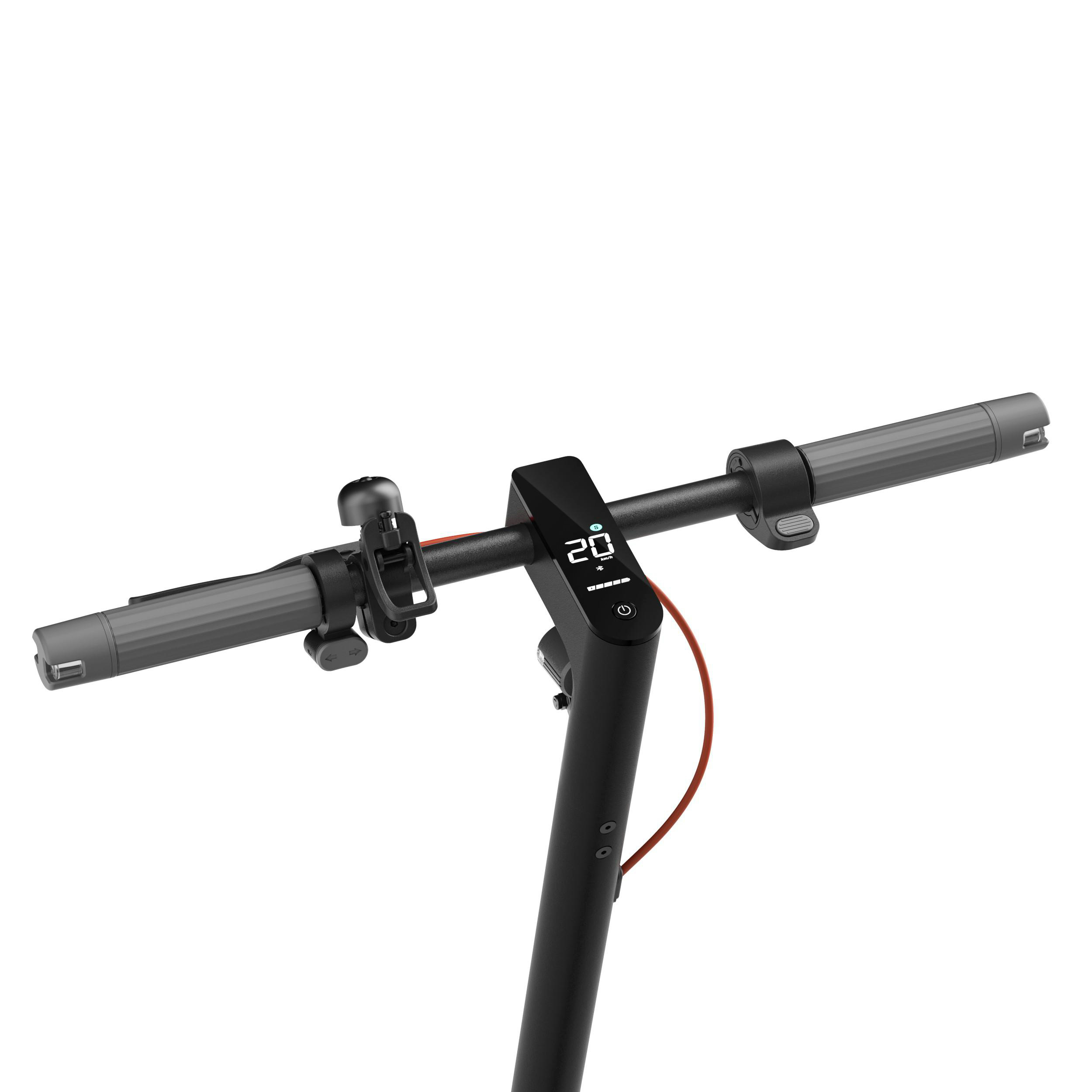 Nahaufnahme eines schwarzen Elektroroller-Lenkers. Display zeigt Geschwindigkeit. Graue Griffe und Bedienelemente sichtbar.