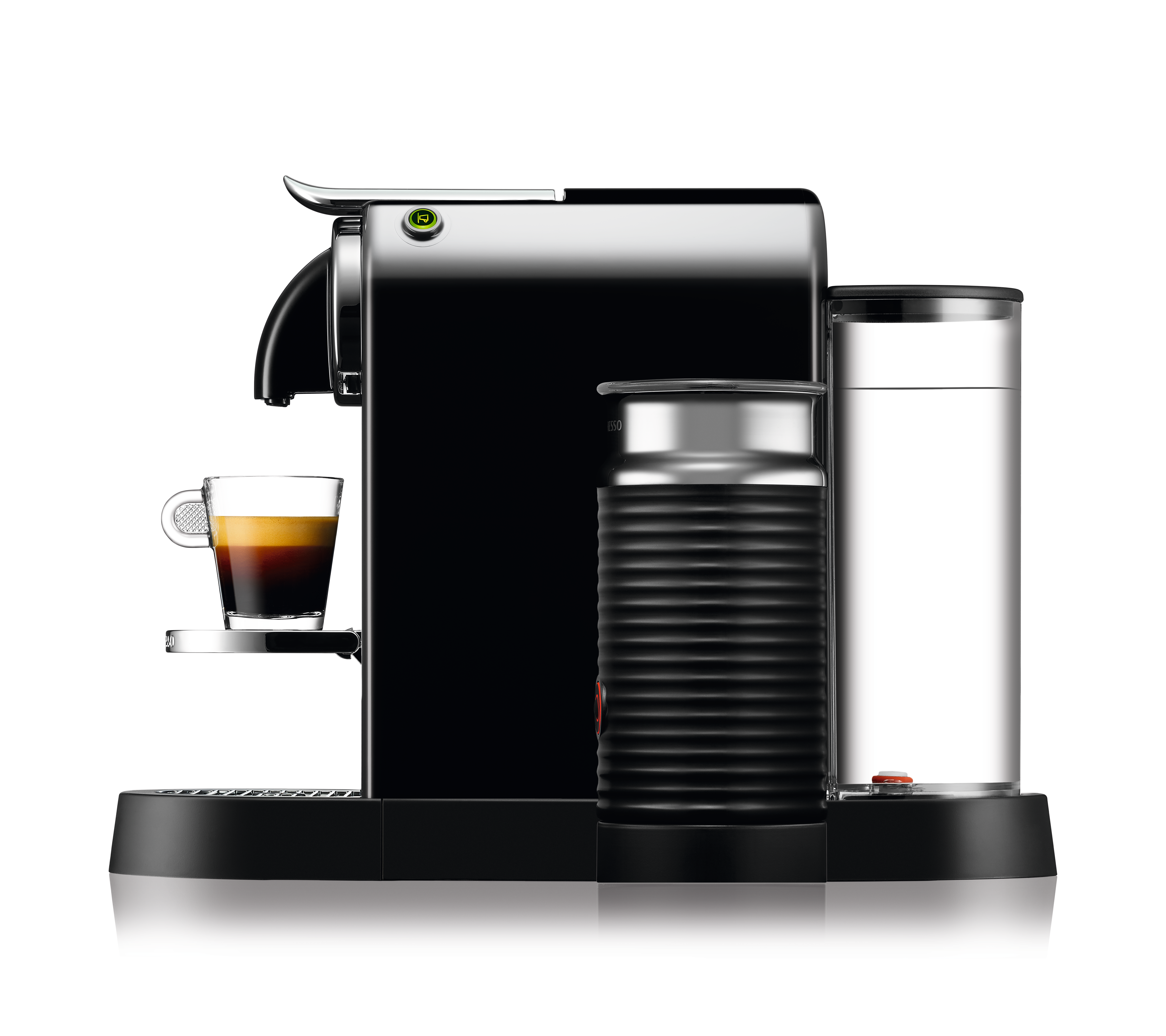 Black Nespresso coffee machine with a milk frother and a glass of espresso on a stand.