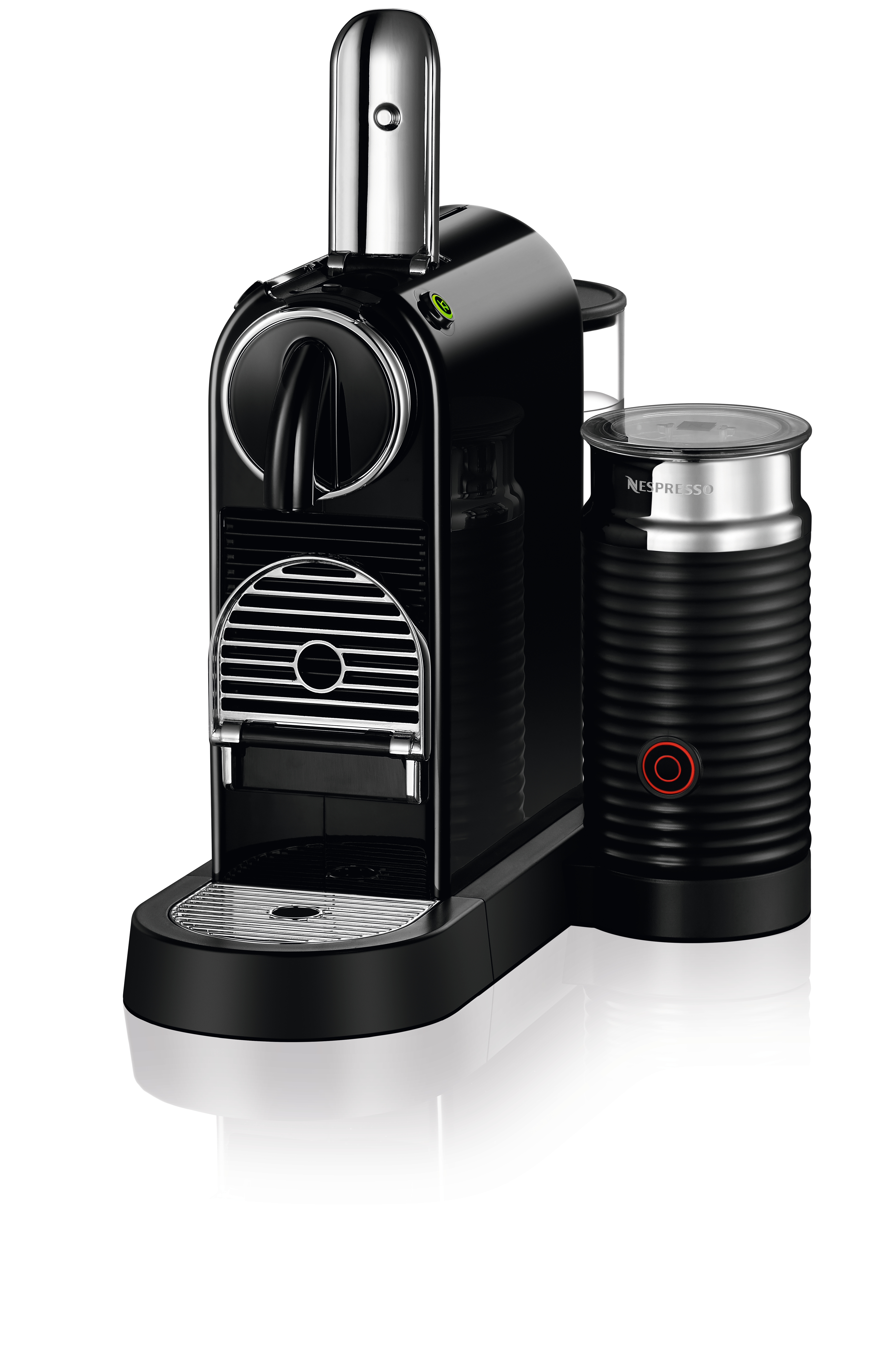 A black Nespresso coffee machine with an attached milk frother. The machine has a sleek, modern design.