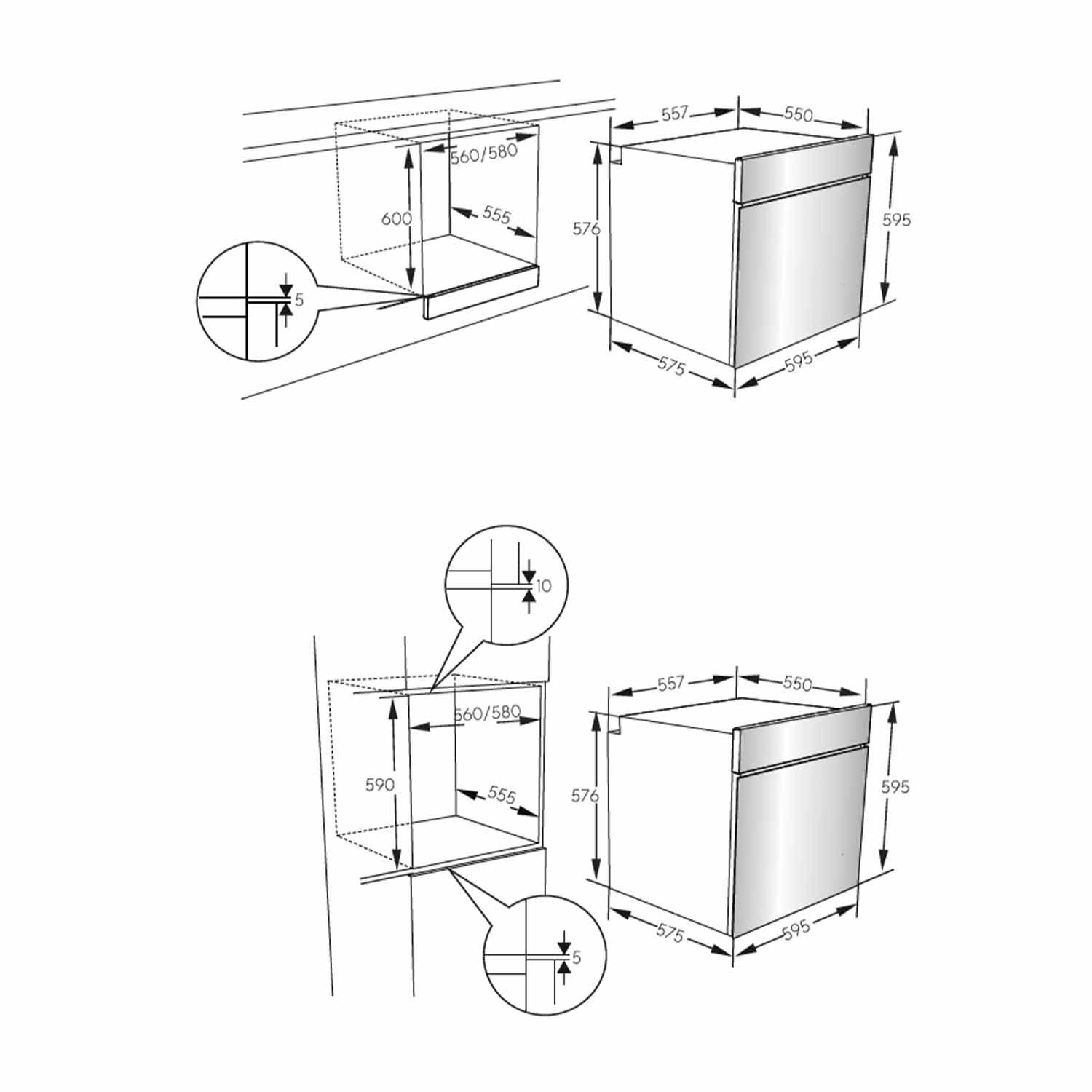 Disegni isometrici di un elettrodomestico da incasso, con dimensioni e dettagli di installazione. Misure in mm.